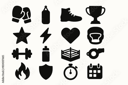 Boxing icons set: gloves, ring, trophy, shoes, heart, dumbbell, stop clock