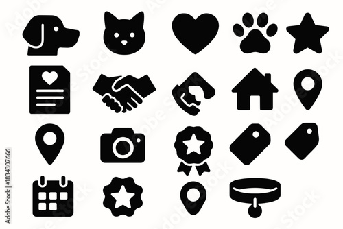 Collection of black animal and pet icon silhouettes: dog, cat, paw, heart, star, camera