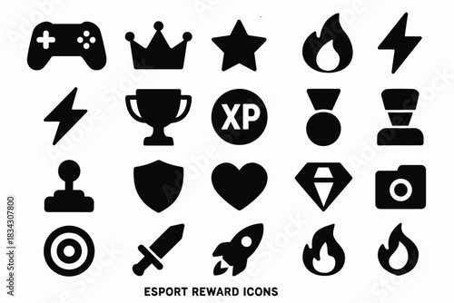 Esport reward icons collection: trophy, xp, crown, star, medal, gamepad, shield, rocket, sword
