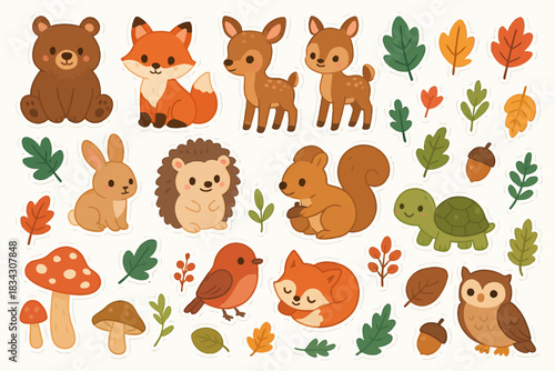 Cute woodland animals and autumn foliage with mushrooms stickers