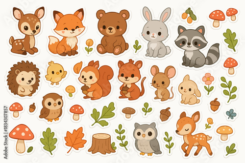 Cute woodland animal stickers with fox, bear, rabbit, raccoon, and more
