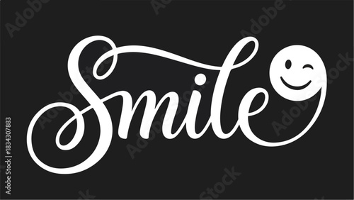 White Smile text with winking emoji on black background.