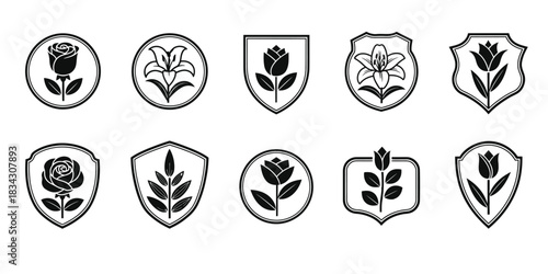 Collection of heraldic floral emblems and shields with distressed texture