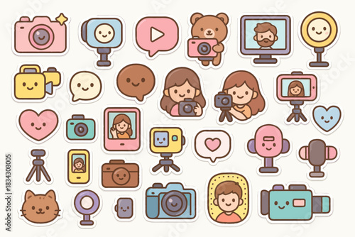 Cute cartoon technology and characters with cameras and gadgets
