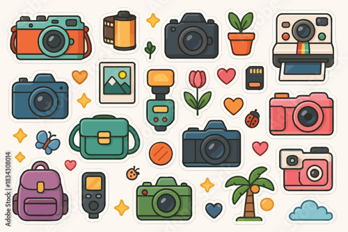 Colorful retro camera sticker set with nature and travel icons