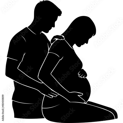 Couple expecting baby, man supports pregnant woman, silhouette, white background Vector