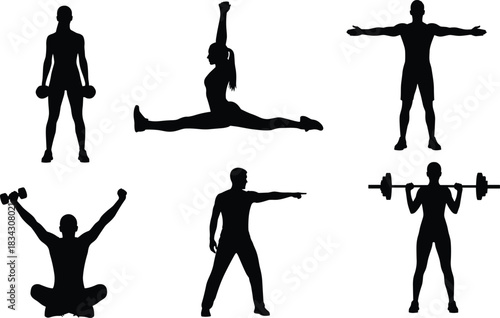 Diverse Fitness and Gym Workout Silhouette Set, Vector Collection of Men and Women Exercising with Dumbbells and Barbell, Illustrating Strength, Flexibility, Healthy Lifestyle, and Athletic Training.