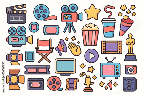 Colorful cinema icons illustrating film, entertainment, and movie elements
