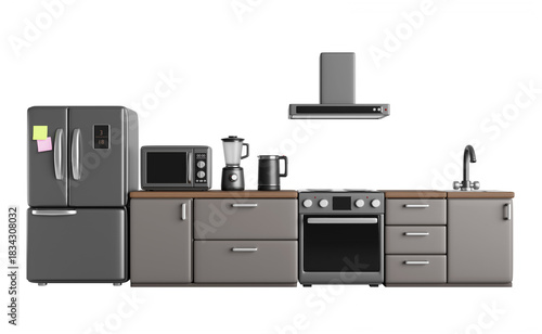 Fototapeta Naklejka Na Ścianę i Meble -  3d kitchen room interior set, furniture and appliances. Refrigerator, gas stove, range hood, microwave, blender and kettle. Modern gray facade with wood counter top, sink and faucet