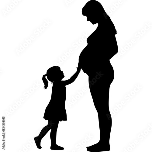 Pregnant mother and daughter silhouette touching belly Vector