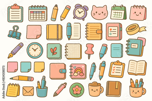 Cute stationery collection featuring notebooks, pens, stickers, and planners in pastel colors