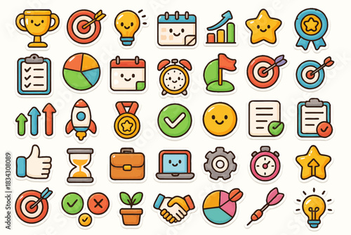 Colorful cartoon icons: trophies, calendars, arrows, rockets, checklist, stars, and light bulbs