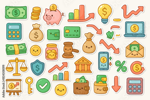 Cute finance and business icons with money, wallet, and calculator illustrations