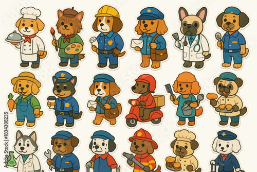 Cute cartoon dogs in various occupation outfits