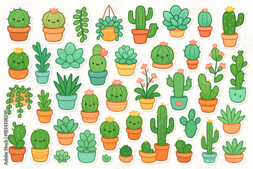 Cute cartoon succulent and cactus collection in colorful pots