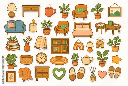Cozy home decor stickers collection: plants, furniture, and accessories illustrated