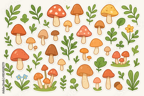 Colorful cartoon mushrooms and greenery with flowers on white background