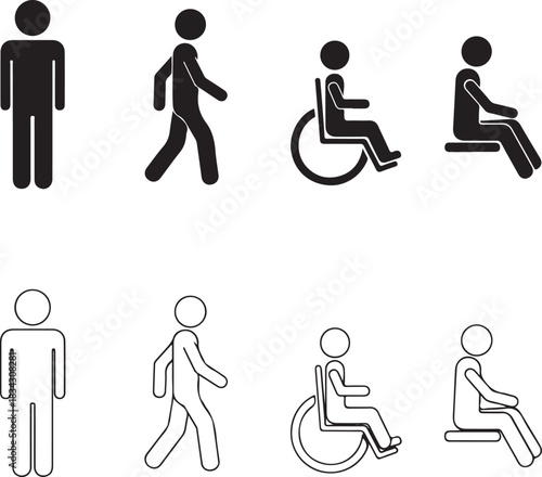 Set of eight diverse human pictogram icons representing standing walking and seated figures including wheelchair users