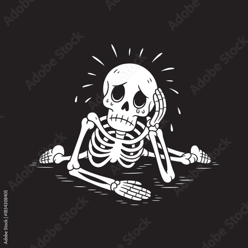 Sad Skeleton Thinking Alone in the Dark Monochromatic Illustration