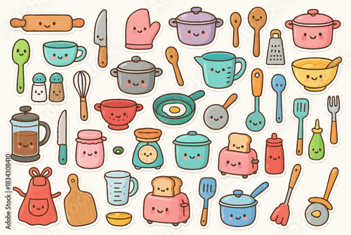 Cute smiling kitchen utensils and cookware cartoon illustration