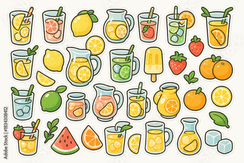 Assorted refreshing lemonades and fruits with cute sticker art