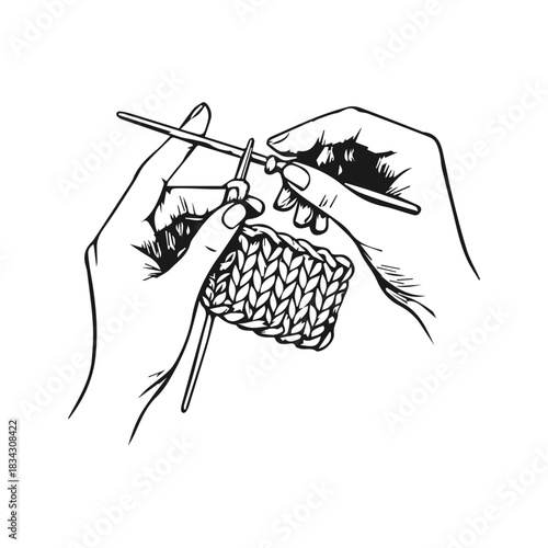 Doodle hand drawn knitting hands sketch, engraved knit hobby illustration.