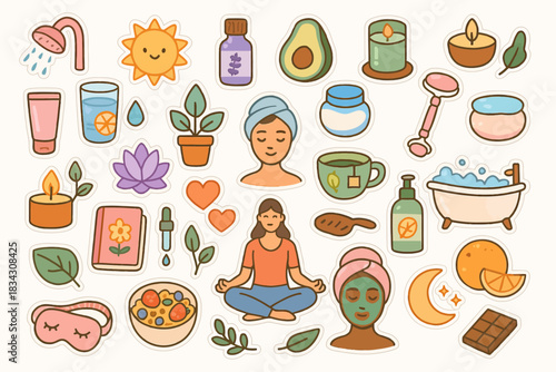 Self-care icons: diverse wellness and relaxation symbols