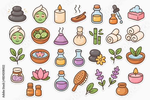 Spa and wellness icons featuring relaxation, aromatherapy, and self-care elements