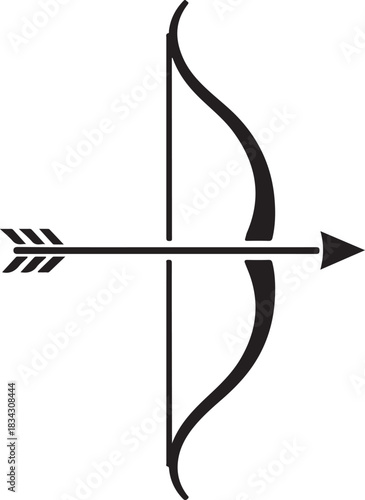 Classic silhouette of a bow and arrow ready for action on a white background