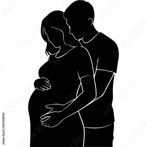Couple embracing pregnant woman's belly, silhouette illustration Vector