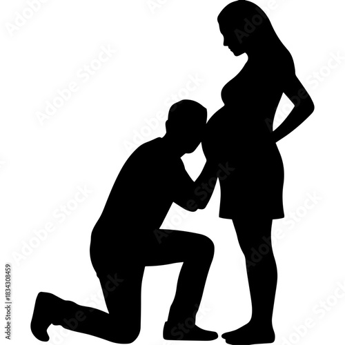 Silhouette of pregnant woman and kneeling man kissing belly on white background Vector