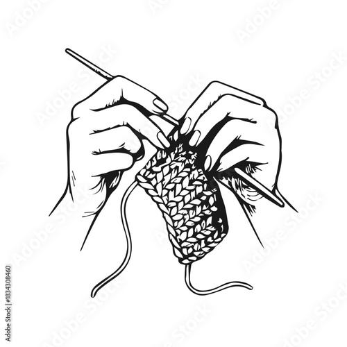Doodle hand drawn knitting hands sketch, engraved knit hobby illustration.