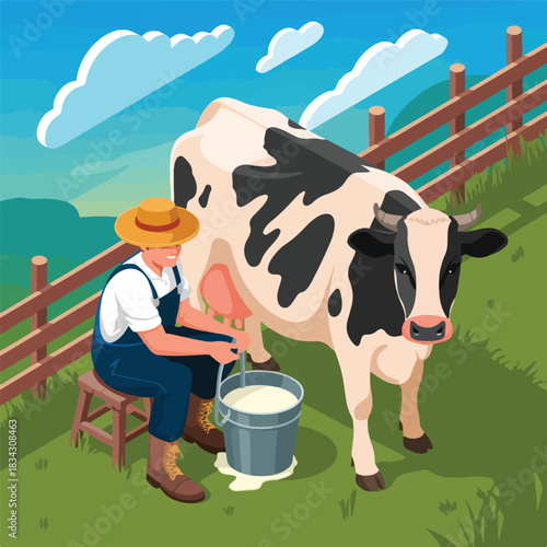 A peaceful agricultural scene with a farmer milking cows, emphasizing rural life and farm work