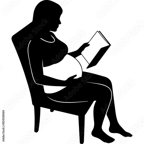 Pregnant woman sitting in chair reading a book, silhouette illustration Vector