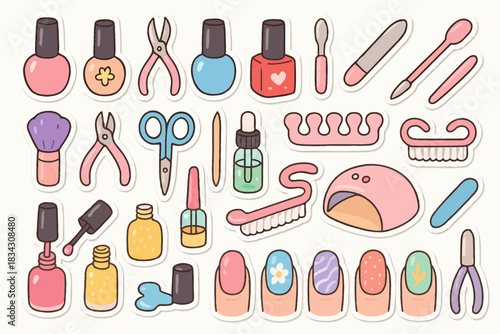 Cute manicure tools and nail art stickers with pastel colors