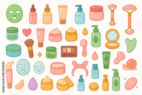 Cute skincare and beauty products collection with colorful cartoon design