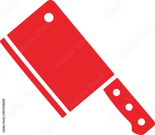 A simple red cleaver knife icon representing kitchen tools and food preparation