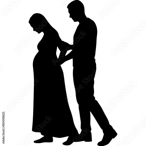 Silhouette of pregnant woman and man walking together, side view, isolated on white Vector