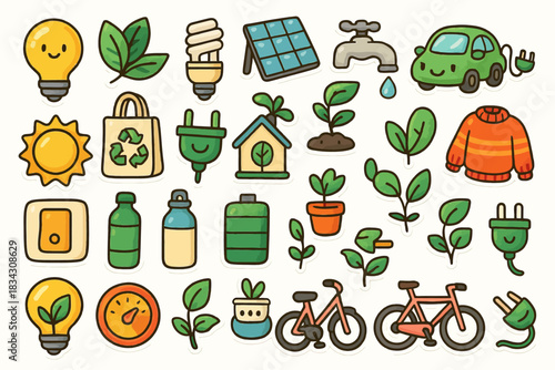 Eco-friendly stickers: sustainable energy and green living illustrations