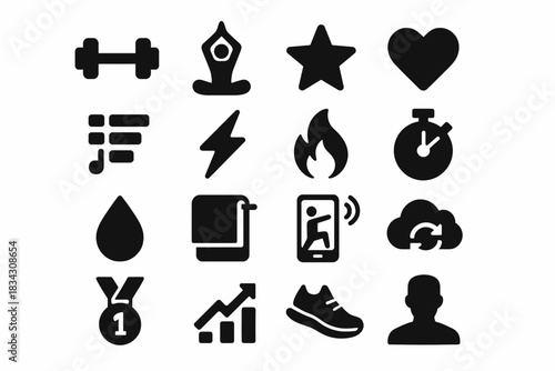 Vector icons: fitness, yoga, sports, technology, symbols collection