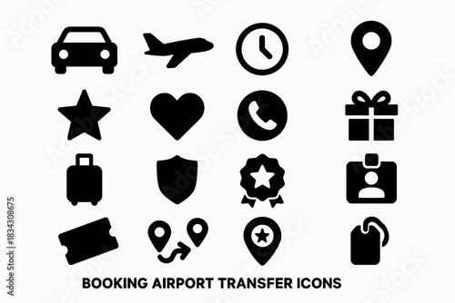 Booking and travel icons for airport transfers: car, plane, clock, and more