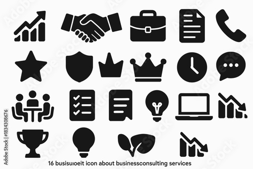 Business consulting icons set: growth, strategy, communication, innovation