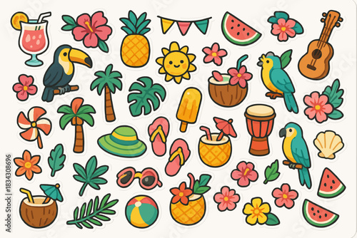 Colorful tropical stickers with parrots, pineapples, and palm trees