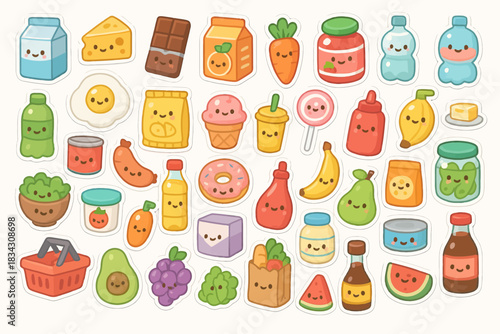 Cute kawaii style assorted food and drink stickers on white background