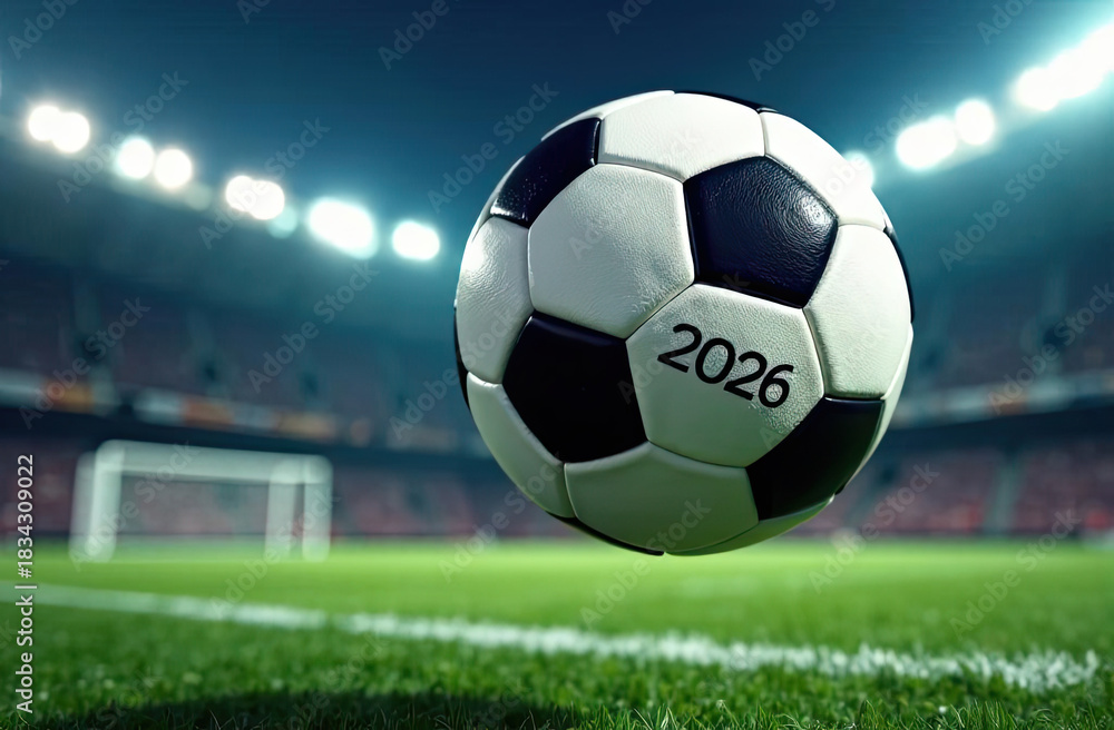 Fototapeta premium a soccer ball with the number 2026 flies into the goal on the football field. happy new 2026 year soccer themed, football background, sport concept, template, soccer field. 2026 new year sport concept