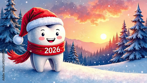 Happy tooth in Santa Claus hat and scarf with number 2026 in the fabulous winter forest, 2026 happy new year card, 2026 dental new year concept