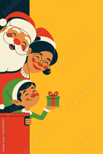 Santa, Mrs. Claus in glasses and elf smiling with gift picking from left, copy space for text
