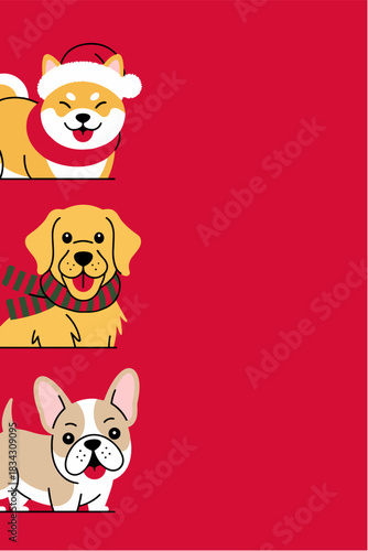 Three dogs in Christmas accessories on red background