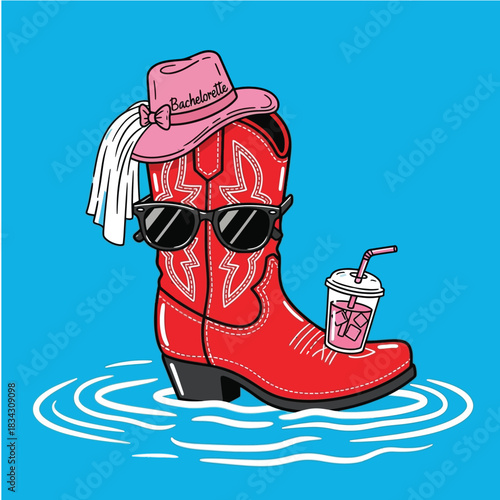 Red Cowboy Boot with Sunglasses, Pink Hat and Drink - Bachelorette Party Theme