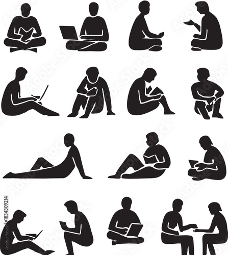 Silhouettes of People Sitting Reading Using Technology or Contemplating